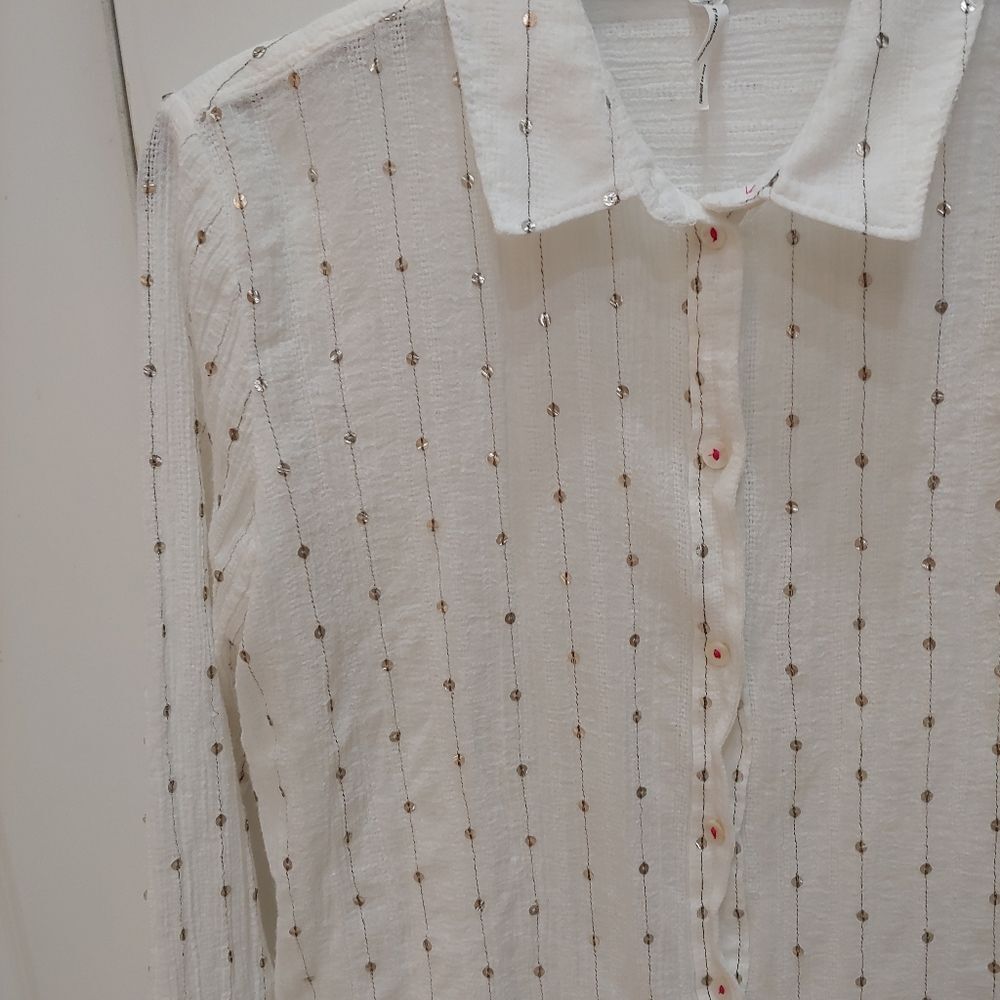 Feather Bone Anthro White Sequin Button Up Top Xs - image 3